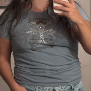 y2k “cowgirl up” tee shirt with bedazzled cross